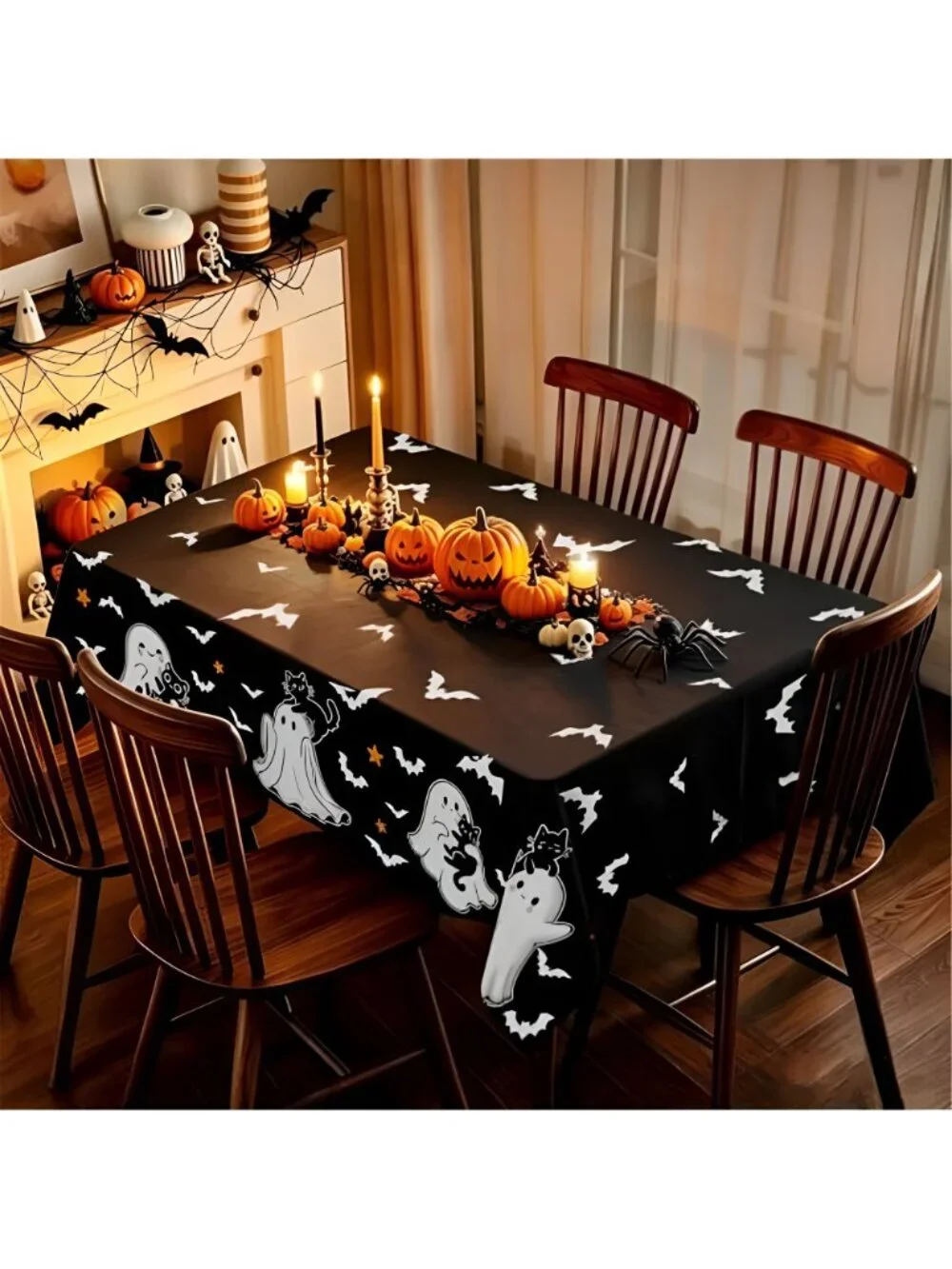 Halloween Tablecloth Rectangular 52 x 70 Inch Spooky Ghost Cat Spider Stars